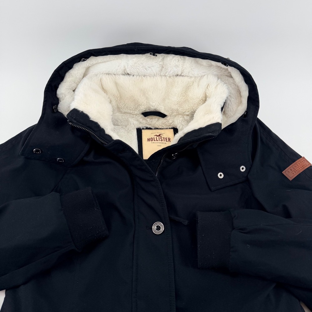 Hollister Faux Fur Lined Parka Jacket Sherpa Hooded Winter Coat L Black